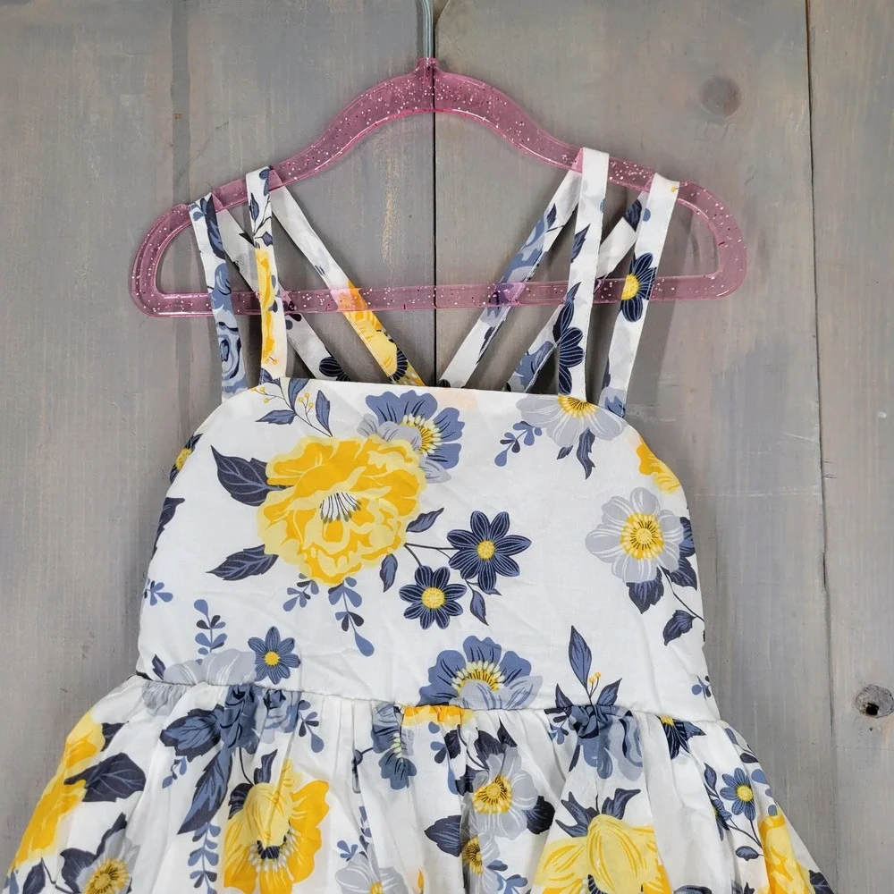 Joie‎ Floral Dress Girls Size 8 White Yellow Blue Hankerchief Hem Smocked